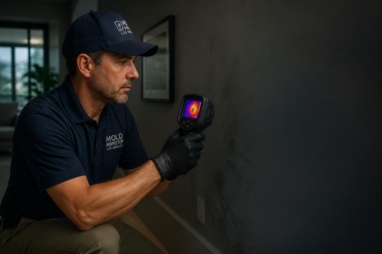 Professional mold inspector in Los Angeles, CA examining a wall with moisture detection equipment — Raphael Mold Inspection